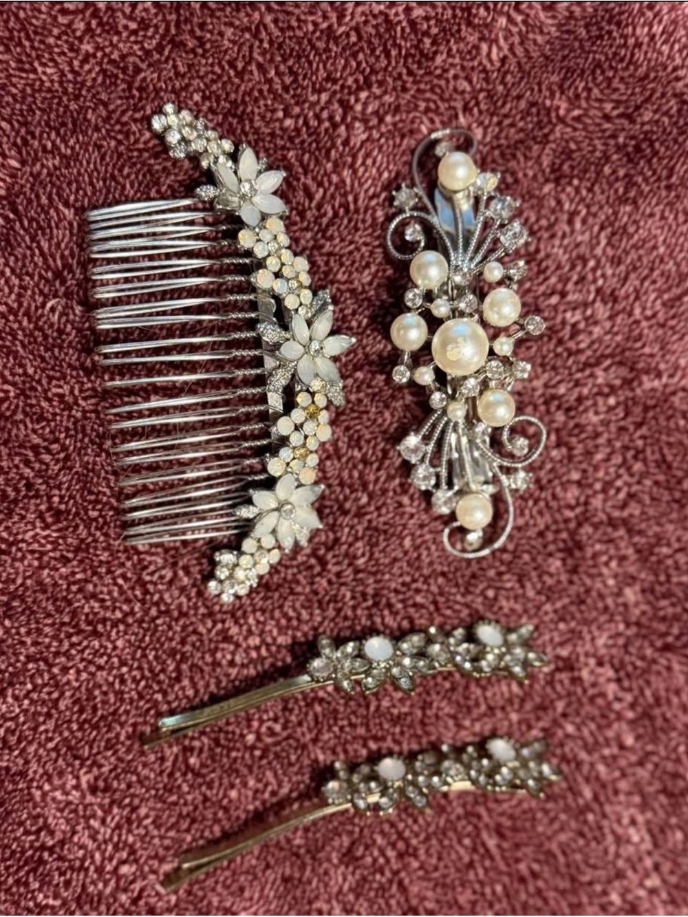Pearl & Crystal Floral Hair Comb and Pin Set - Silver
